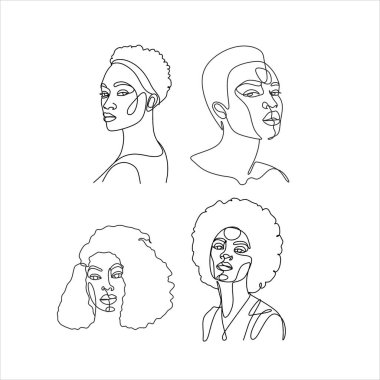 Çizgi Sanat Kadını Yüzü Çizimi. Siyah kadın vektör. Afro-Amerikan Kadın Logosu. Conturing Hattı. Minimalist Yüz. Güzellik salonu