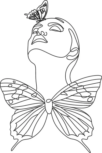 Woman Line Drawing Butterfly Prints Female Face Art Woman Butterfly — Stock Vector