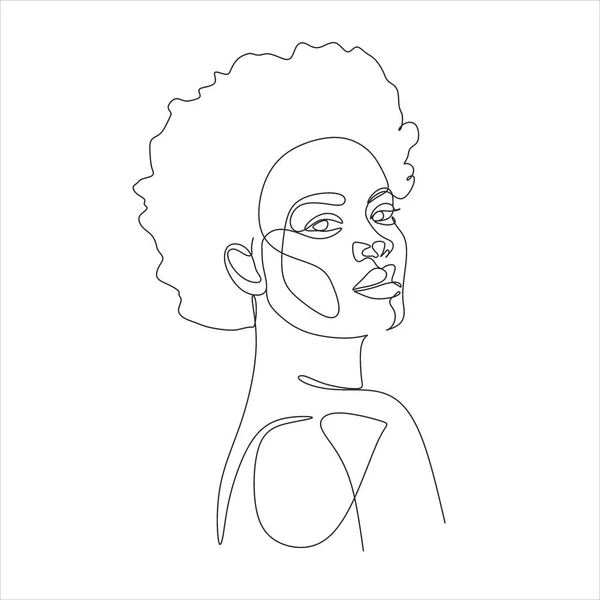 Penggambaran Wajah Wanita Seni Garis Vektor Wanita Hitam Afro American - Stok Vektor