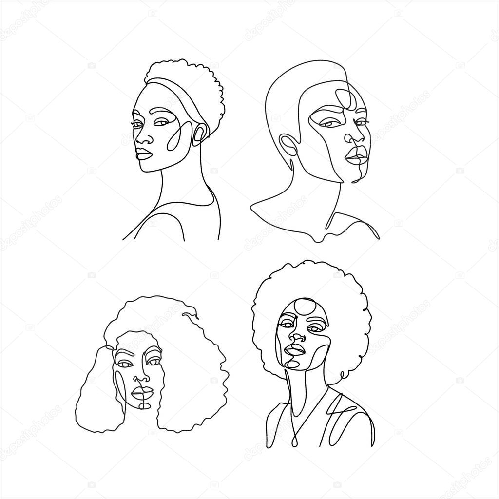 Line Art Woman Face Drawing. Black Woman Vector. Afro American Female Logo. Contouring Line. Minimalist Face. Beauty salon