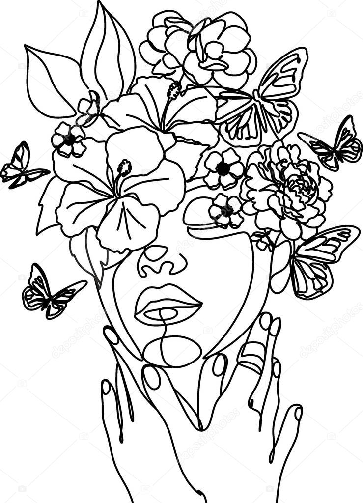 Woman Line Drawing Butterfly Prints Female Face Art . Woman Butterfly Line Art. Woman line art print