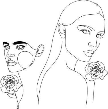 Çiçek çizgisi olan soyut bir yüz. Portre minimalist stil. Modern sürekli çizgi sanatı. Moda baskısı.
