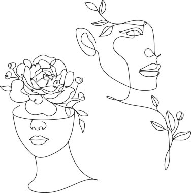 Çiçek çizgisi olan soyut bir yüz. Portre minimalist stil. Modern sürekli çizgi sanatı. Moda baskısı.