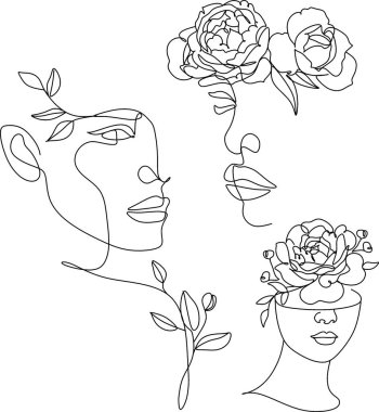 Çiçek çizgisi olan soyut bir yüz. Portre minimalist stil. Modern sürekli çizgi sanatı. Moda baskısı.