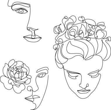 Çiçek çizgisi olan soyut bir yüz. Portre minimalist stil. Modern sürekli çizgi sanatı. Moda baskısı.