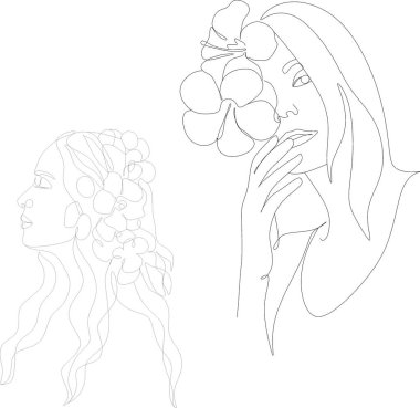 Çiçek çizgisi olan soyut bir yüz. Portre minimalist stil. Modern sürekli çizgi sanatı. Moda baskısı.