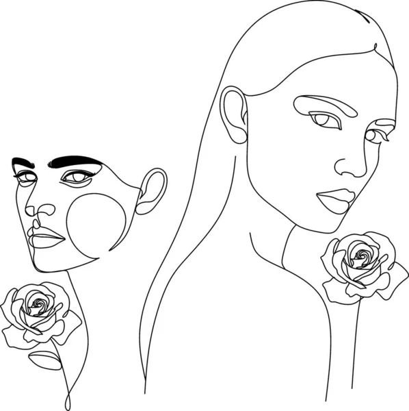 Abstrakt Ansikte Med Blommor Linje Ritning Porträtt Minimalistisk Stil Modern — Stock vektor