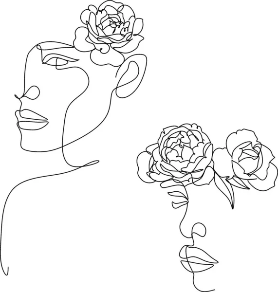 花の線画で抽象的な顔 ポートレートミニマルなスタイル 現代の連続線画 ファッション Print — ストックベクタ