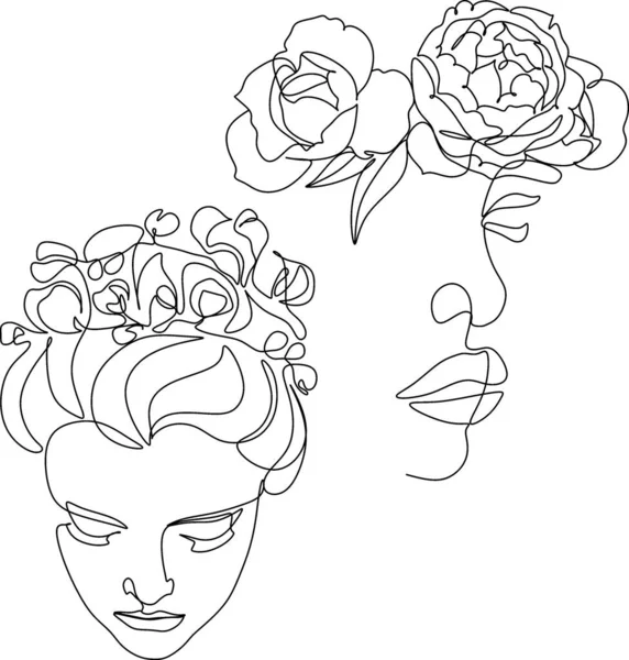 Cara Abstracta Con Dibujo Línea Flores Retrato Estilo Minimalista Arte — Archivo Imágenes Vectoriales