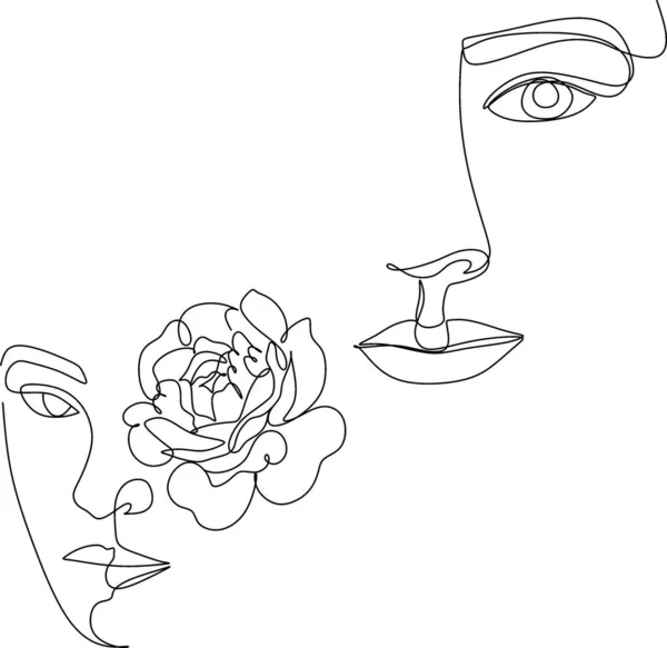 Cara Abstracta Con Dibujo Línea Flores Retrato Estilo Minimalista Arte — Vector de stock