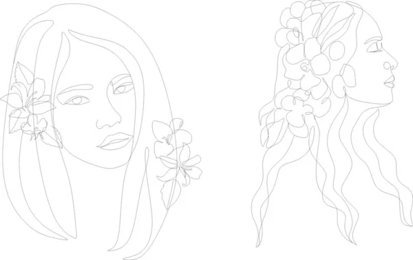 Cara Abstracta Con Dibujo Línea Flores Retrato Estilo Minimalista Arte — Archivo Imágenes Vectoriales