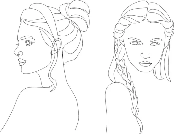 Línea Continua Dibujo Caras Peinado Concepto Moda Minimalista Belleza Femenina — Vector de stock