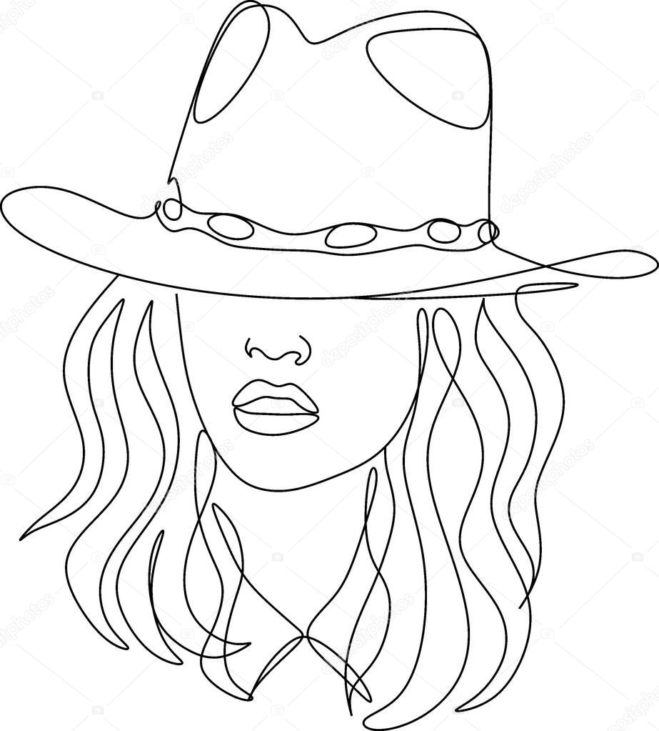 Linear minimal woman in hat. Head accessory. Minimal linear trendy girl in hat. Continuous line. Fashion and beauty.