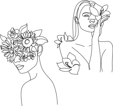 Çiçek çizgisi olan soyut bir yüz. Portre minimalist stil. Modern sürekli çizgi sanatı. Moda baskısı.