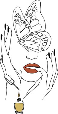 Kelebek Gerçeküstü Yüzler, set yüzleri ve saç stili çizimi, moda konsepti, kadın güzellik minimalisti, vektör çizimi oldukça seksi. Çağdaş portre