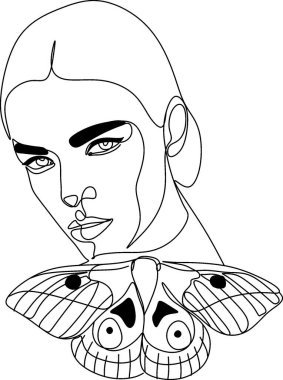 Kelebek Gerçeküstü Yüzler, set yüzleri ve saç stili çizimi, moda konsepti, kadın güzellik minimalisti, vektör çizimi oldukça seksi. Çağdaş portre