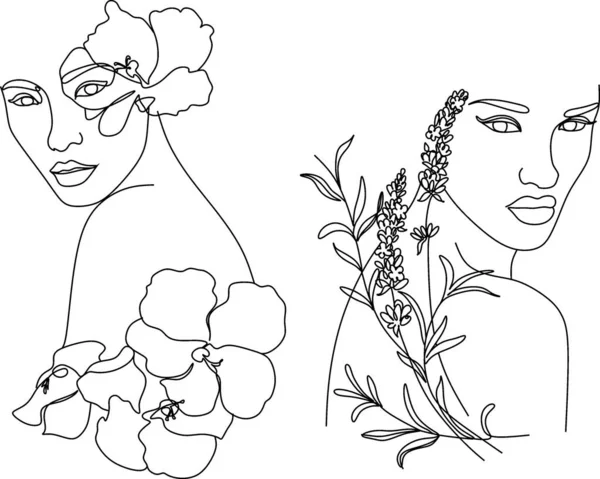 Visage Abstrait Avec Dessin Ligne Fleurs Portrait Style Minimaliste Art — Image vectorielle