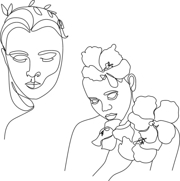 Cara Abstracta Con Dibujo Línea Flores Retrato Estilo Minimalista Arte — Archivo Imágenes Vectoriales