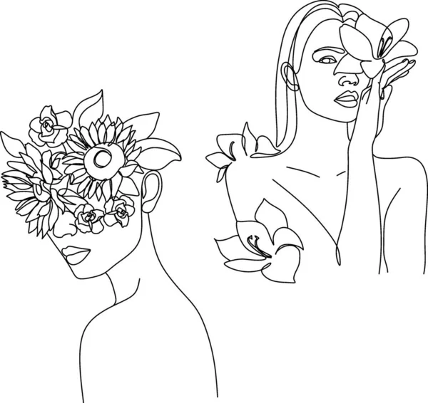 Cara Abstracta Con Dibujo Línea Flores Retrato Estilo Minimalista Arte — Vector de stock