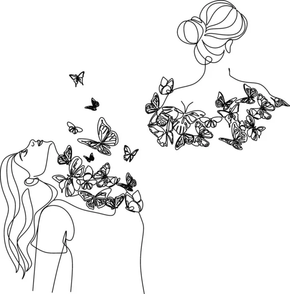 Mujer Línea Dibujo Mariposa Imprime Arte Cara Femenina Mujer Butterfly — Vector de stock