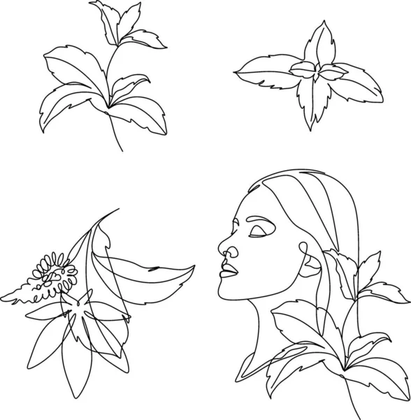 Tête Femme Avec Des Fleurs Dessin Ligne Continuous Line Femme — Image vectorielle