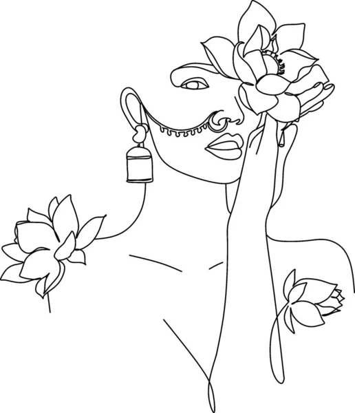 Αφηρημένο Πρόσωπο Λουλούδια Γραμμή Σχέδιο Μινιμαλιστικό Στυλ Σύγχρονη Συνεχή Γραμμή — Διανυσματικό Αρχείο