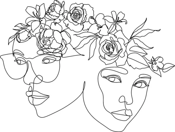 Woman Face Flowers One Line Drawing Continuous Line Drawing Art — Archivo Imágenes Vectoriales