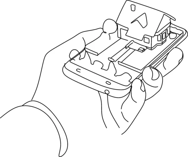 Continuous Line Drawing Real Estate Agent Giving Keys Apartment Owner — Vector de stock