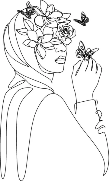 Γυναίκα Πρόσωπο Λουλούδια Ένα Σχέδιο Γραμμή Συνεχής Γραμμή Σχεδίασης Τέχνης — Διανυσματικό Αρχείο