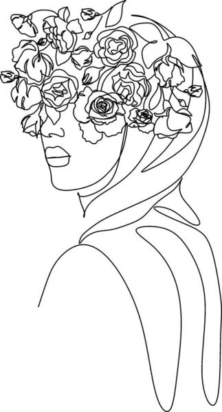 Женщина Лицо Цветами Одной Линии Рисунок Непрерывное Рисование Линии Цветочный — стоковый вектор