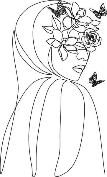Žena Tvář Květinami Jedna Čára Kresba Nepřetržité Kreslení Čáry Květinová — Stockový vektor