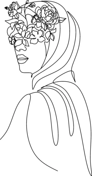 Woman Face Flowers One Line Drawing Continuous Line Drawing Art — Vector de stock