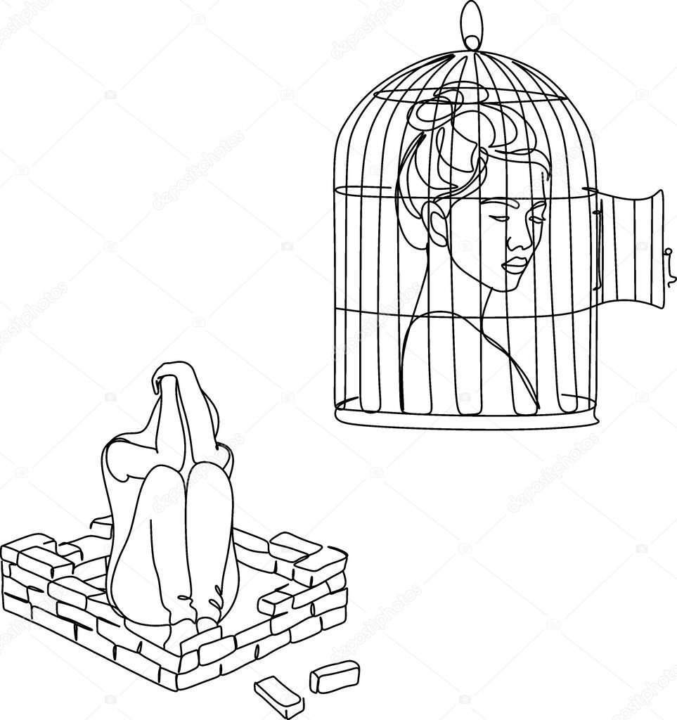 Desperate woman holding an iron pole in a cage against a white background. Isolated character. Family problems, pressure at work. Psychological abuse. Illustration of flat line style