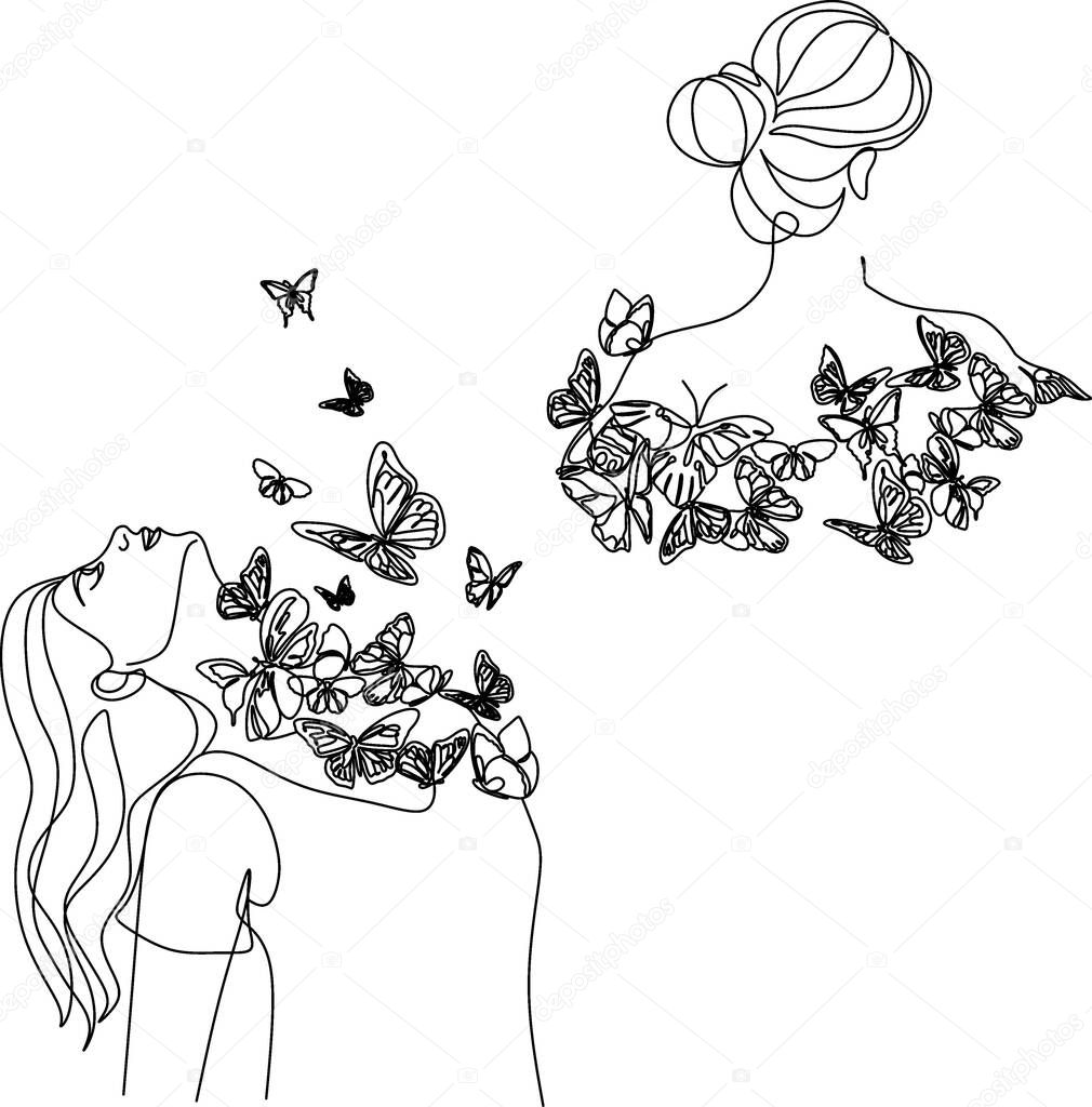 Woman Line Drawing Butterfly Prints Female Face Art . Woman Butterfly Line Art. Woman line art print