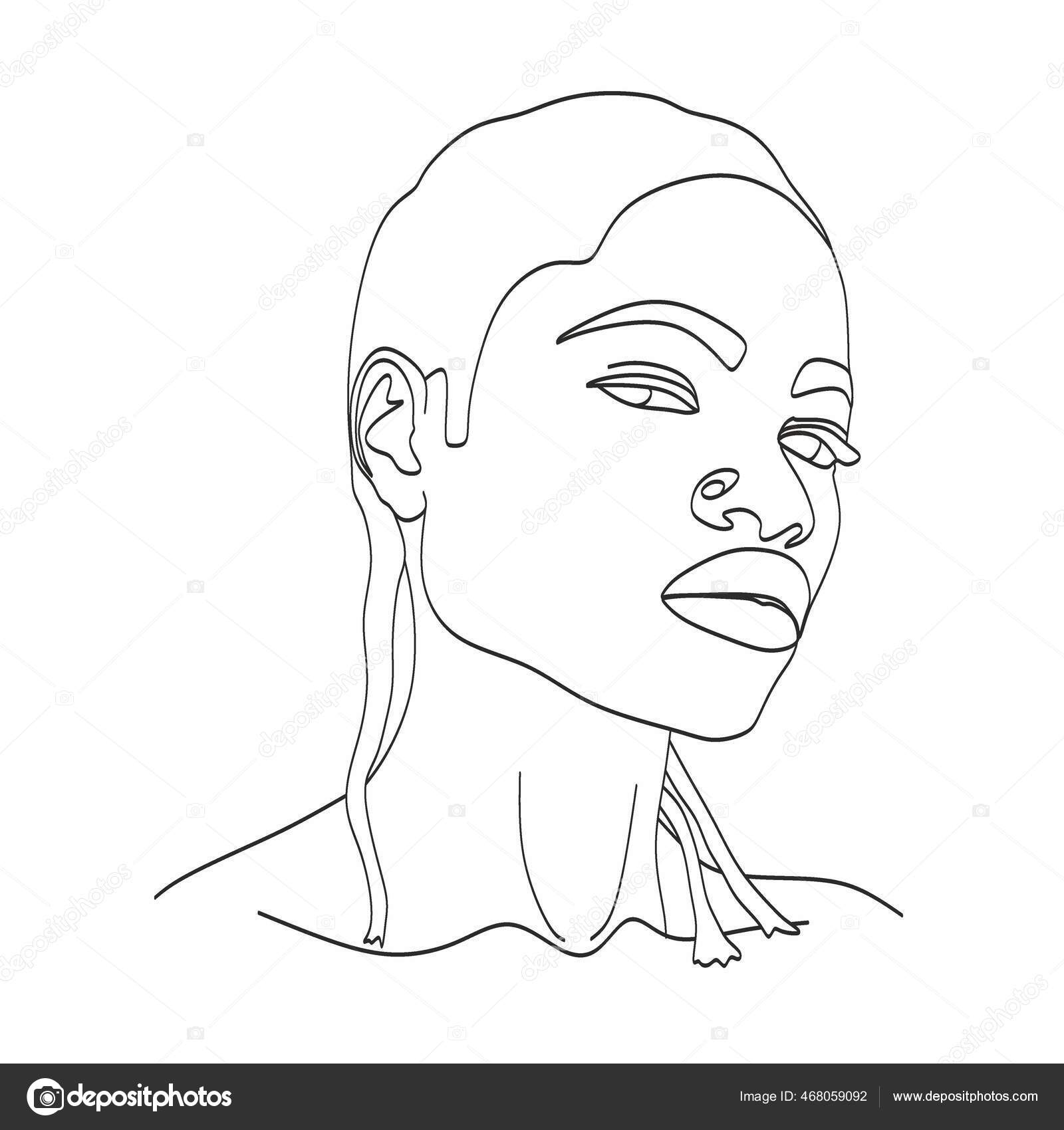 Line Art Woman Face Drawing Black Woman Vector Afro American Stock