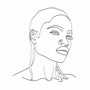 Çizgi Sanat Kadını Yüzü Çizimi. Siyah kadın vektör. Afro-Amerikan Kadın Logosu. Conturing Hattı. Minimalist Yüz. Güzellik salonu