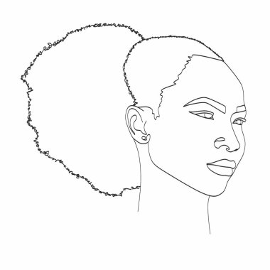 Çizgi Sanat Kadını Yüzü Çizimi. Siyah kadın vektör. Afro-Amerikan Kadın Logosu. Conturing Hattı. Minimalist Yüz. Güzellik salonu