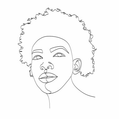 Çizgi Sanat Kadını Yüzü Çizimi. Siyah kadın vektör. Afro-Amerikan Kadın Logosu. Conturing Hattı. Minimalist Yüz. Güzellik salonu