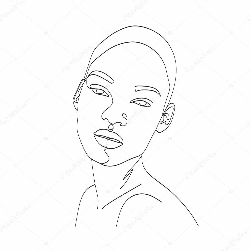 Line Art Woman Face Drawing. Black Woman Vector. Afro American Female Logo. Contouring Line. Minimalist Face. Beauty salon