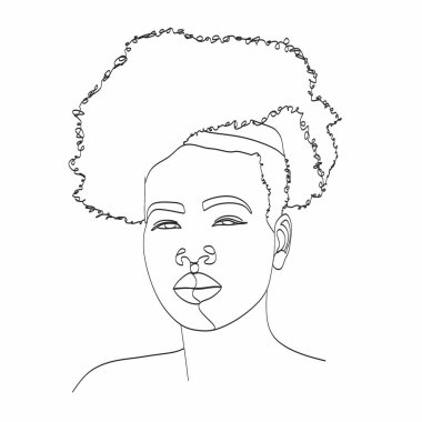 Çizgi Sanat Kadını Yüzü Çizimi. Siyah kadın vektör. Afro-Amerikan Kadın Logosu. Conturing Hattı. Minimalist Yüz. Güzellik salonu