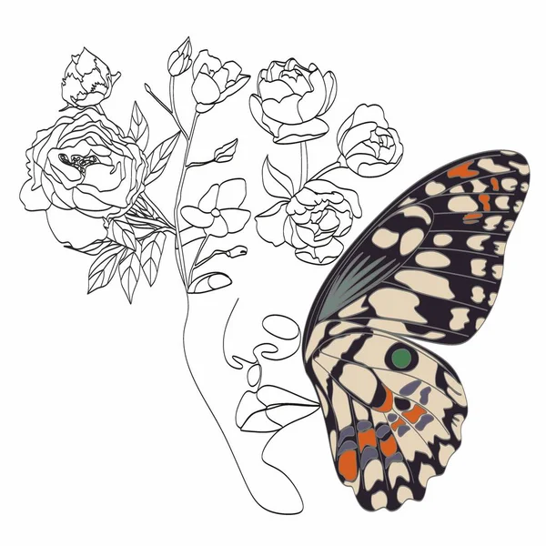 Абстрактное Лицо Бабочкой Одной Линии Рисунка Портрет Минималистского Стиля Ботанический — стоковый вектор