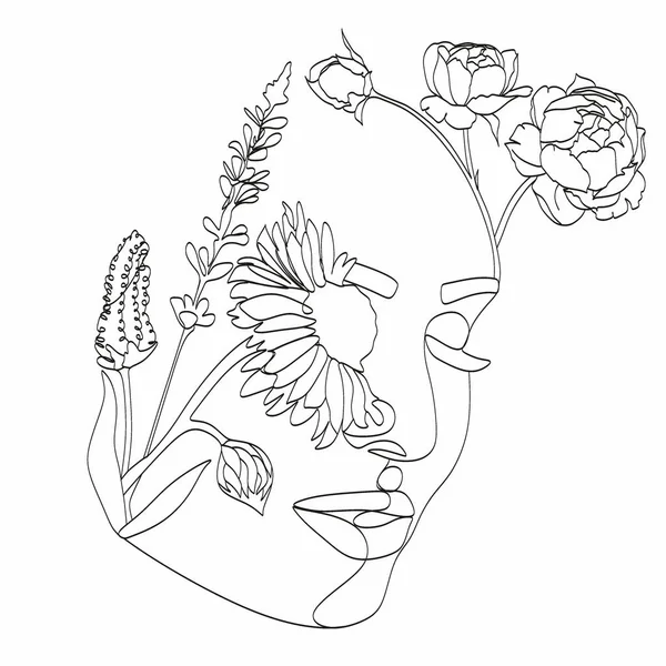 Cara Abstracta Con Flores Dibujo Línea Retrato Estilo Minimalista Impresión — Archivo Imágenes Vectoriales