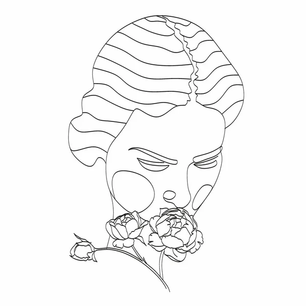 花の抽象的な顔 ポートレートミニマルなスタイル 植物プリント 化粧品の自然シンボル 現代の連続線画 ファッションプリント 美しいサロンアート — ストックベクタ