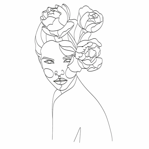 Cara Abstracta Con Flores Dibujo Línea Retrato Estilo Minimalista Impresión — Vector de stock