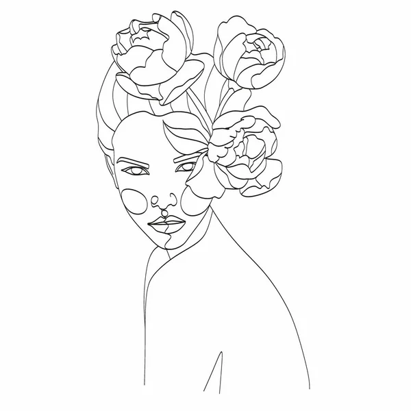 Abstraktes Gesicht Mit Blumen Linienzeichnung Portrait Minimalistischen Stil Botanischer Druck — Stockvektor