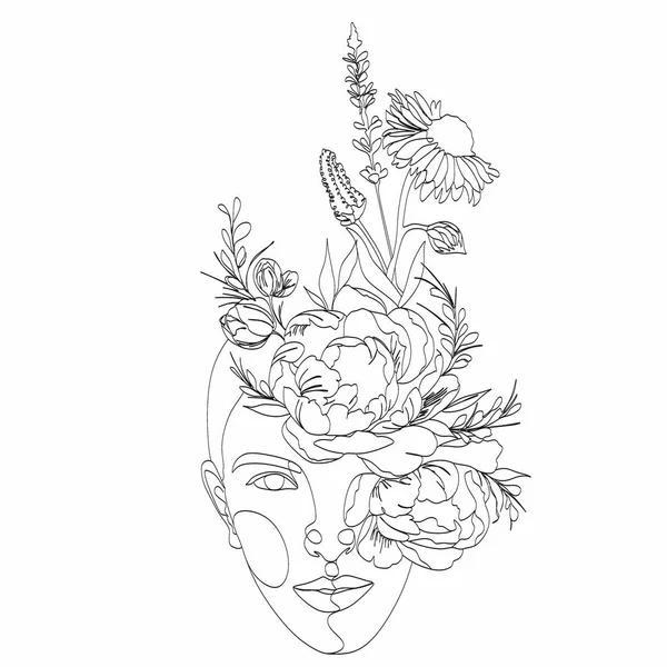 Visage Abstrait Avec Des Fleurs Dessin Trait Portrait Style Minimaliste — Image vectorielle