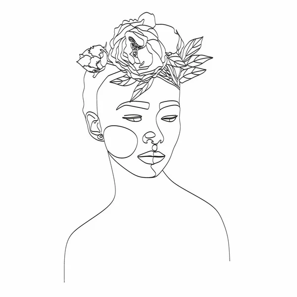 Abstraktes Gesicht Mit Blumen Linienzeichnung Portrait Minimalistischen Stil Botanischer Druck — Stockvektor