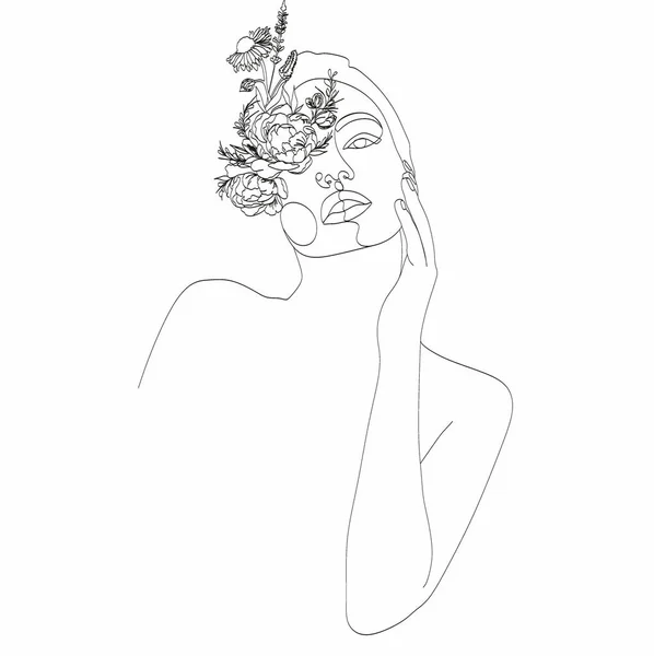 Cara Abstracta Con Flores Dibujo Línea Retrato Estilo Minimalista Impresión — Archivo Imágenes Vectoriales