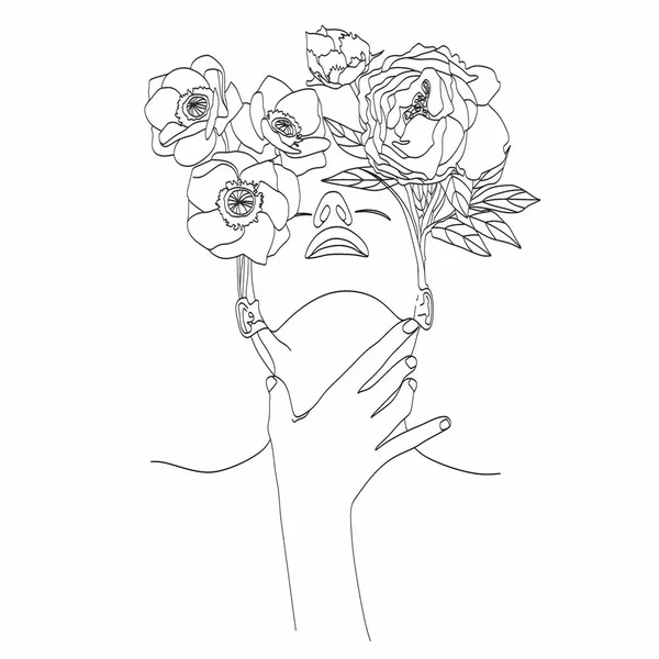 花の抽象的な顔 ポートレートミニマルなスタイル 植物プリント 化粧品の自然シンボル 現代の連続線画 ファッションプリント 美しいサロンアート — ストックベクタ