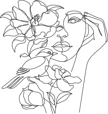 Soyut kadın yüzü bir çizgi çizerek kuş ve çiçeklerle süslenmiş. Portre minimalist stil. Botanik parmak izi. Kozmetiğin doğa sembolü. Modern sürekli çizgi sanatı. Moda baskısı. Beaty Salon Sanatı
